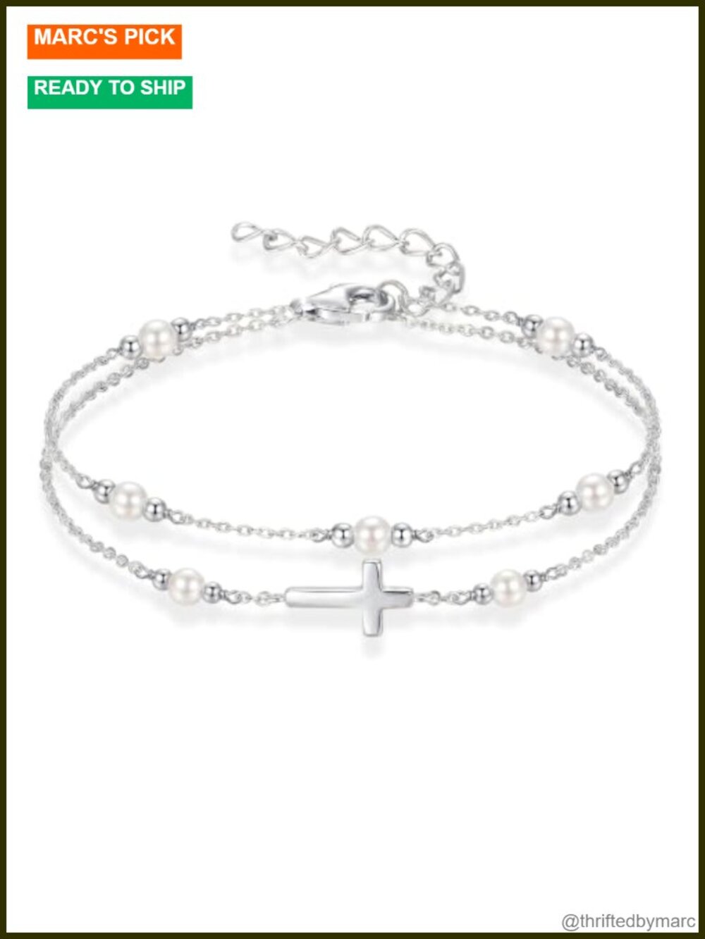 18K Gold Plated Pearl Cross Bracelet Adjustable Dainty Layered Charm Stackable